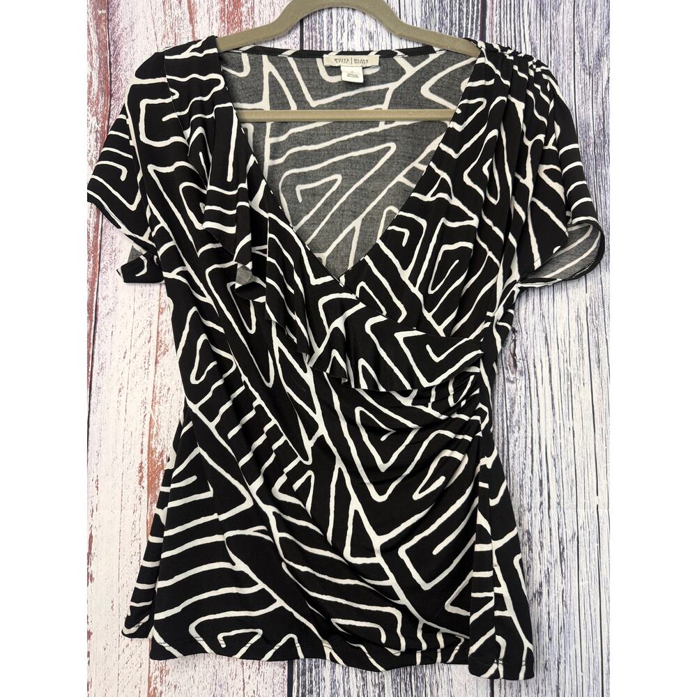 White House Black Market Black & White Printed Draped Jersey Top Size Small